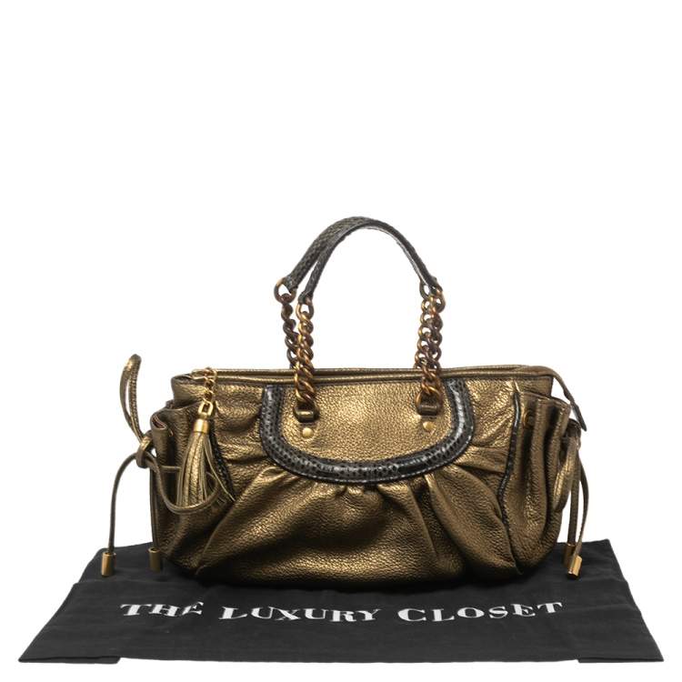 Pre Owned Dolce & Gabbana Metallic Olive Green Leather Tassel Satchel 