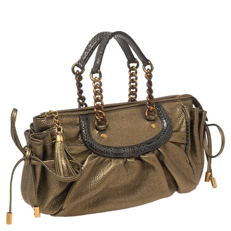 Pre Owned Dolce & Gabbana Metallic Olive Green Leather Tassel Satchel 