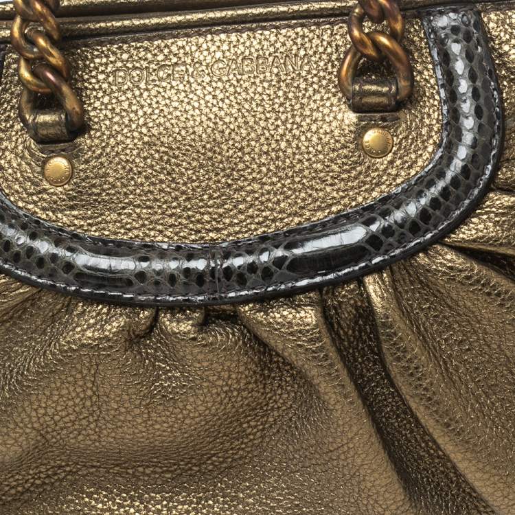 Pre Owned Dolce & Gabbana Metallic Olive Green Leather Tassel Satchel 