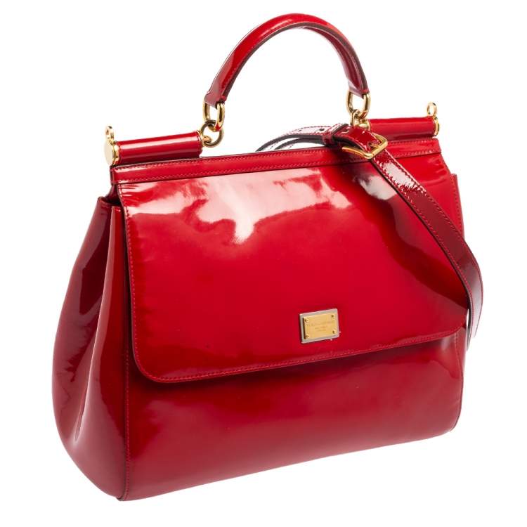 Pre Owned Dolce & Gabbana Red Patent Leather Large Miss Sicily Top Handle Bag