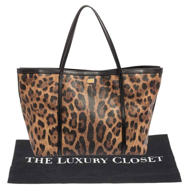 Pre Owned Dolce & Gabbana Brown/Black Leopard Print Coated Canvas and Leather Miss Escape Tote