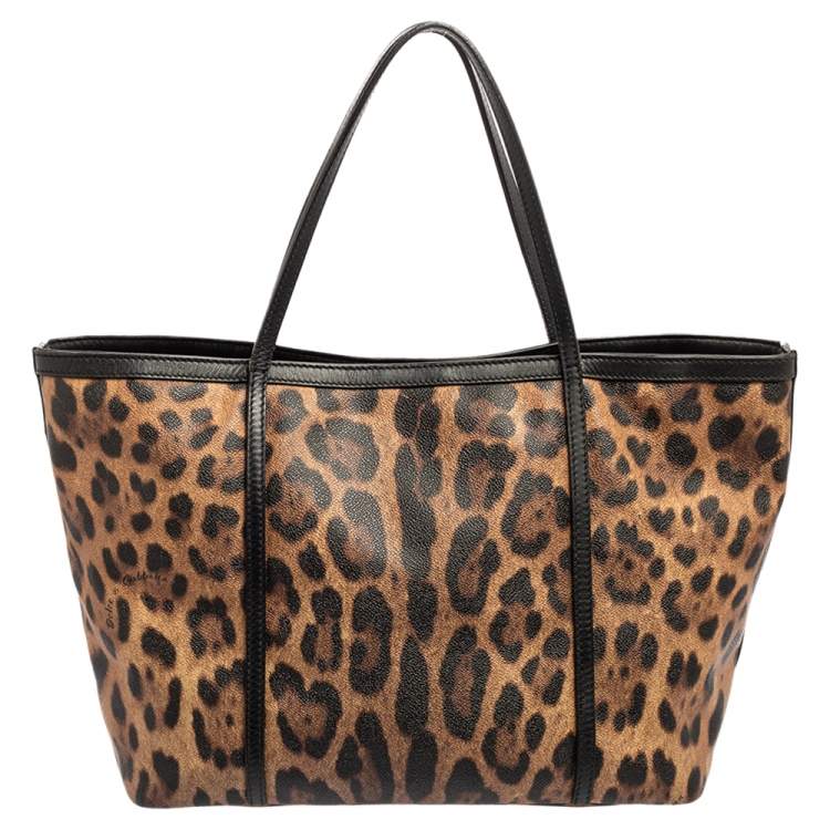 Pre Owned Dolce & Gabbana Brown/Black Leopard Print Coated Canvas and Leather Miss Escape Tote