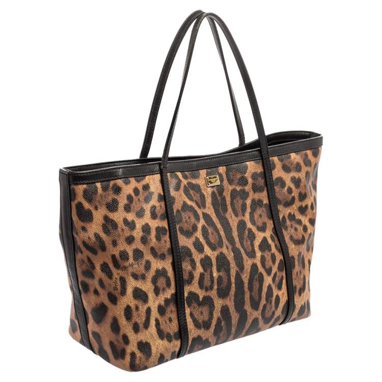 Pre Owned Dolce & Gabbana Brown/Black Leopard Print Coated Canvas and Leather Miss Escape Tote
