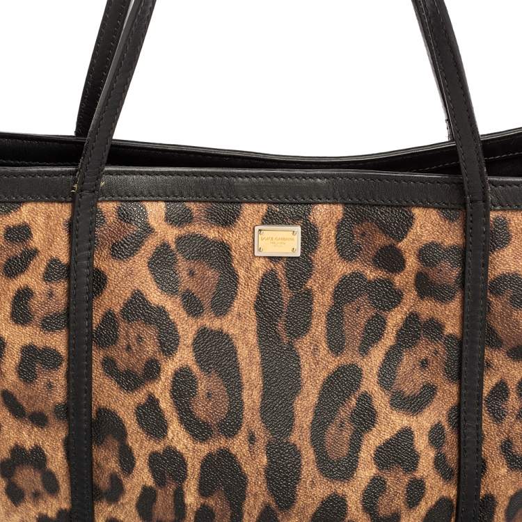 Pre Owned Dolce & Gabbana Brown/Black Leopard Print Coated Canvas and Leather Miss Escape Tote