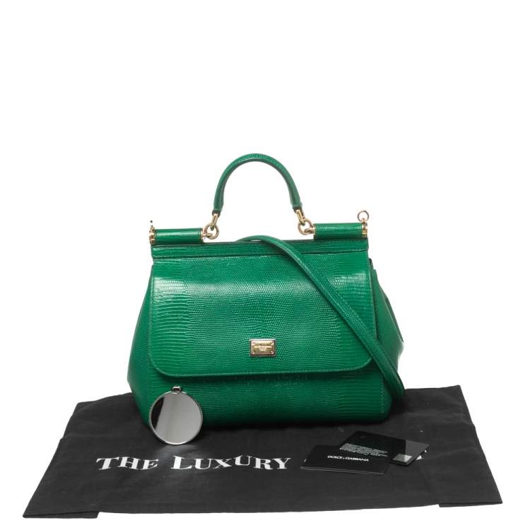 Pre Owned Dolce & Gabbana Green Lizard Embossed Leather Medium Miss Sicily Top Handle Bag