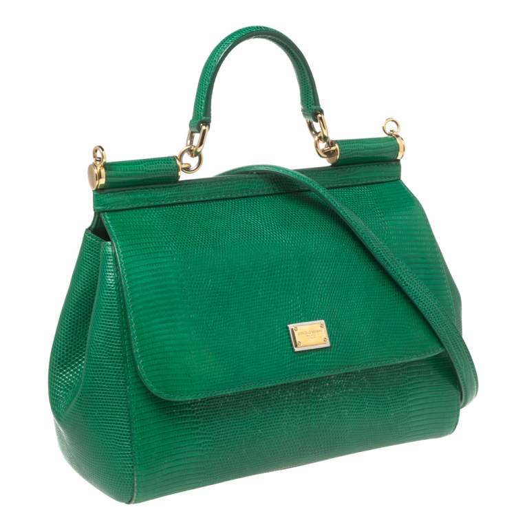 Pre Owned Dolce & Gabbana Green Lizard Embossed Leather Medium Miss Sicily Top Handle Bag