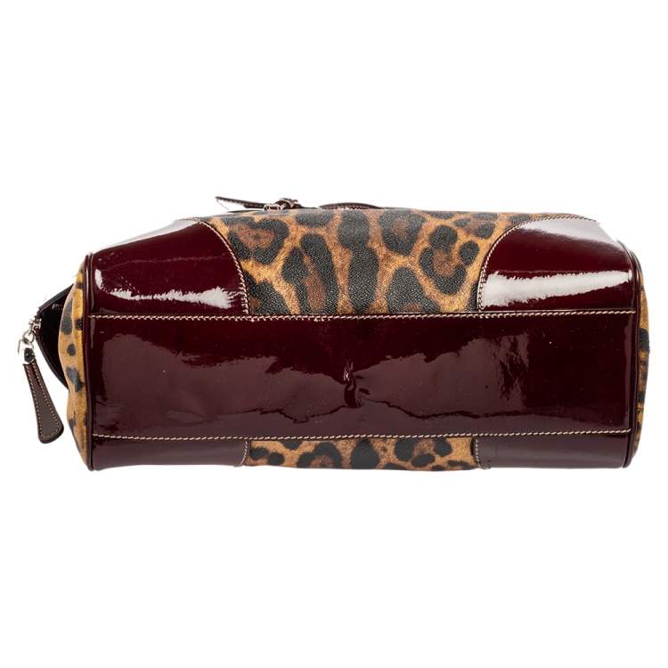 مملوكة مسبقًا Dolce & Gabbana Burgundy/Brown Leopard Print Coated Canvas and Patent Leather Miss Ice Satchel