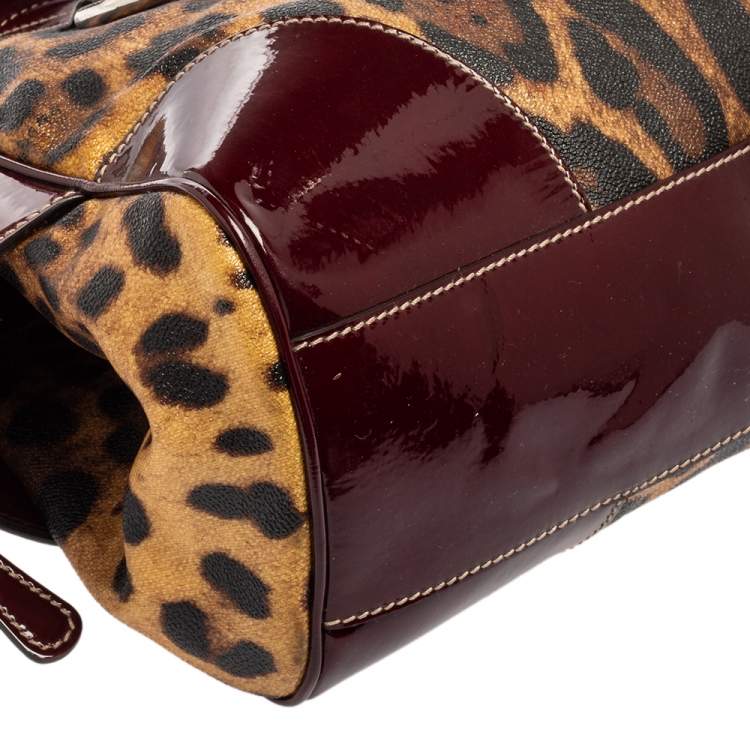 مملوكة مسبقًا Dolce & Gabbana Burgundy/Brown Leopard Print Coated Canvas and Patent Leather Miss Ice Satchel