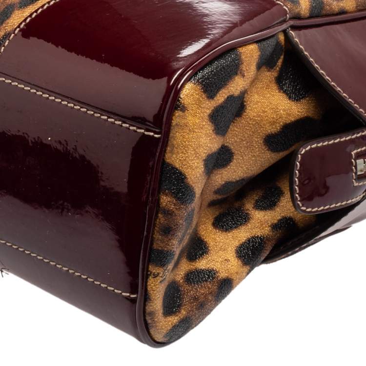 مملوكة مسبقًا Dolce & Gabbana Burgundy/Brown Leopard Print Coated Canvas and Patent Leather Miss Ice Satchel
