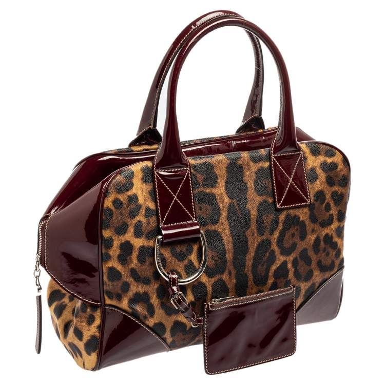 مملوكة مسبقًا Dolce & Gabbana Burgundy/Brown Leopard Print Coated Canvas and Patent Leather Miss Ice Satchel