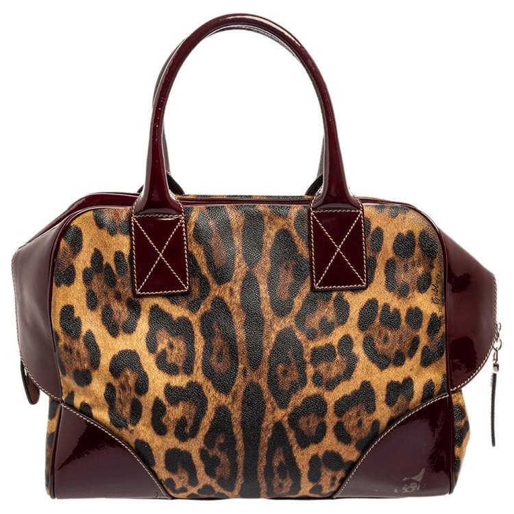 مملوكة مسبقًا Dolce & Gabbana Burgundy/Brown Leopard Print Coated Canvas and Patent Leather Miss Ice Satchel