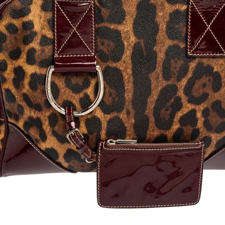 مملوكة مسبقًا Dolce & Gabbana Burgundy/Brown Leopard Print Coated Canvas and Patent Leather Miss Ice Satchel