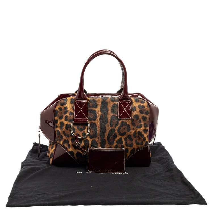 مملوكة مسبقًا Dolce & Gabbana Burgundy/Brown Leopard Print Coated Canvas and Patent Leather Miss Ice Satchel