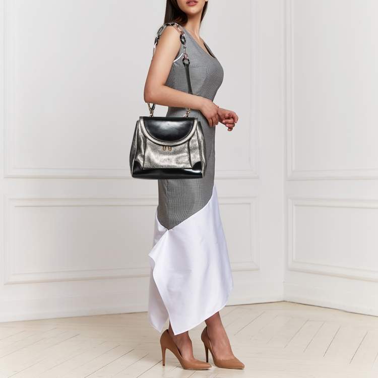 Pre Owned Dolce & Gabbana Metallic Silver/Black Leather Miss Babette Top Handle Bag