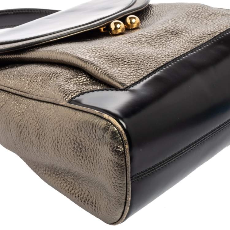 Pre Owned Dolce & Gabbana Metallic Silver/Black Leather Miss Babette Top Handle Bag
