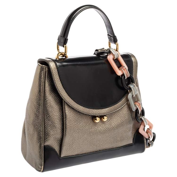 Pre Owned Dolce & Gabbana Metallic Silver/Black Leather Miss Babette Top Handle Bag