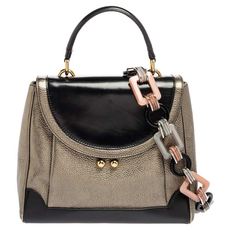 Pre Owned Dolce & Gabbana Metallic Silver/Black Leather Miss Babette Top Handle Bag
