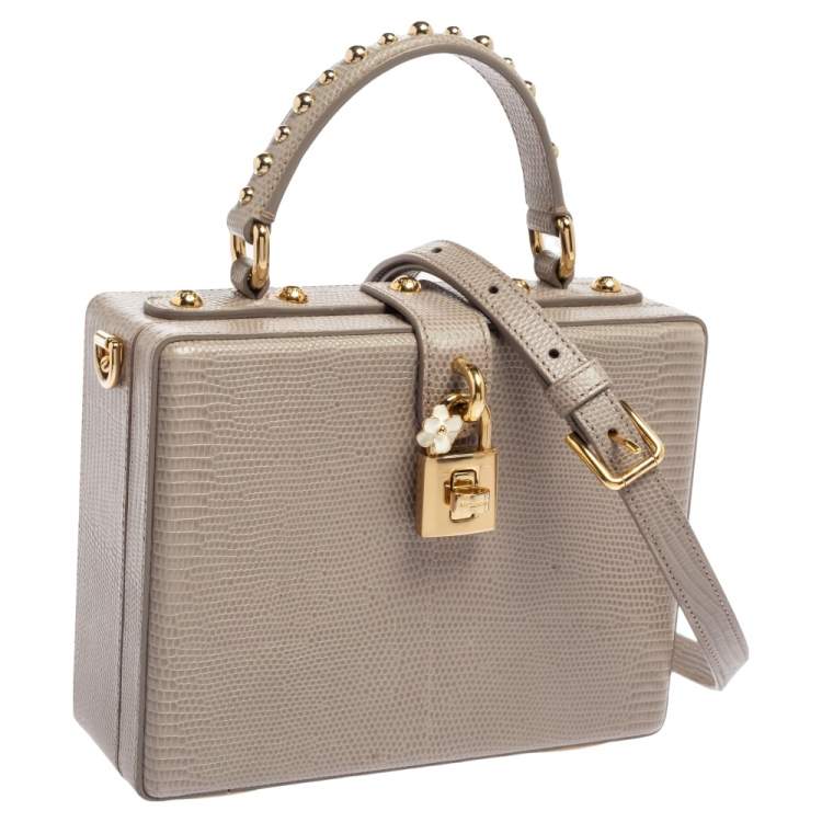 Pre Owned Dolce & Gabbana Grey Lizard Embossed Leather Rosaria Box Top Handle Bag            