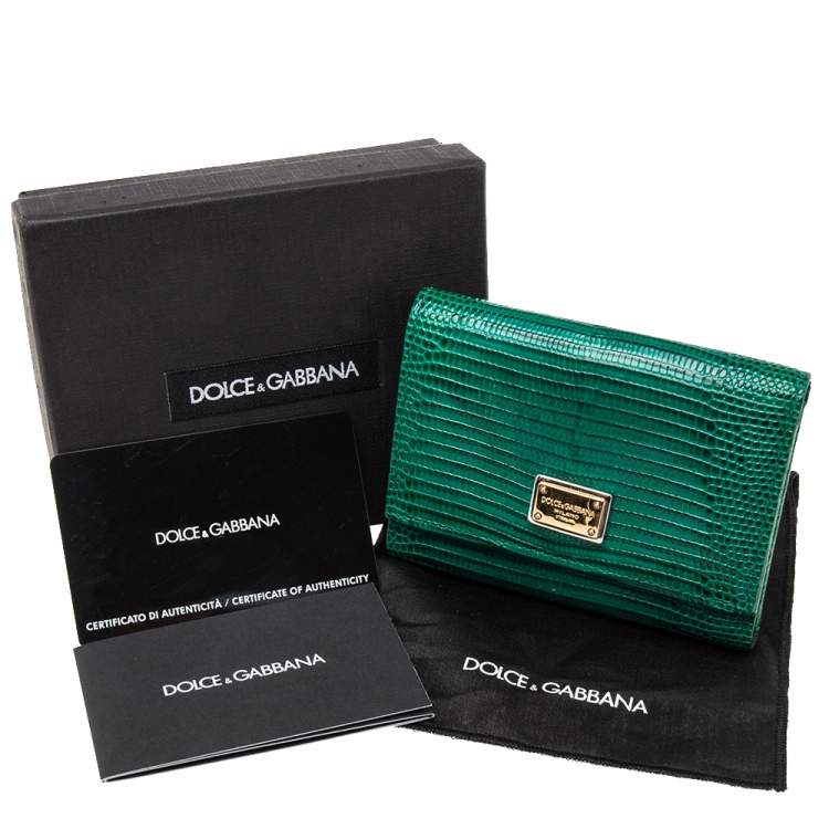 Pre Owned Dolce & Gabbana Green Lizard Embossed Leather Trifold Compact Wallet
