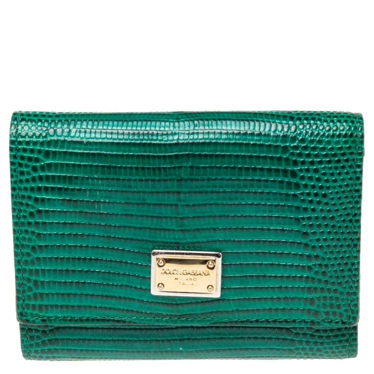 Pre Owned Dolce & Gabbana Green Lizard Embossed Leather Trifold Compact Wallet