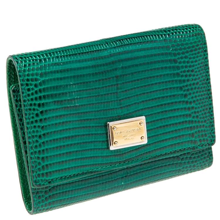 Pre Owned Dolce & Gabbana Green Lizard Embossed Leather Trifold Compact Wallet
