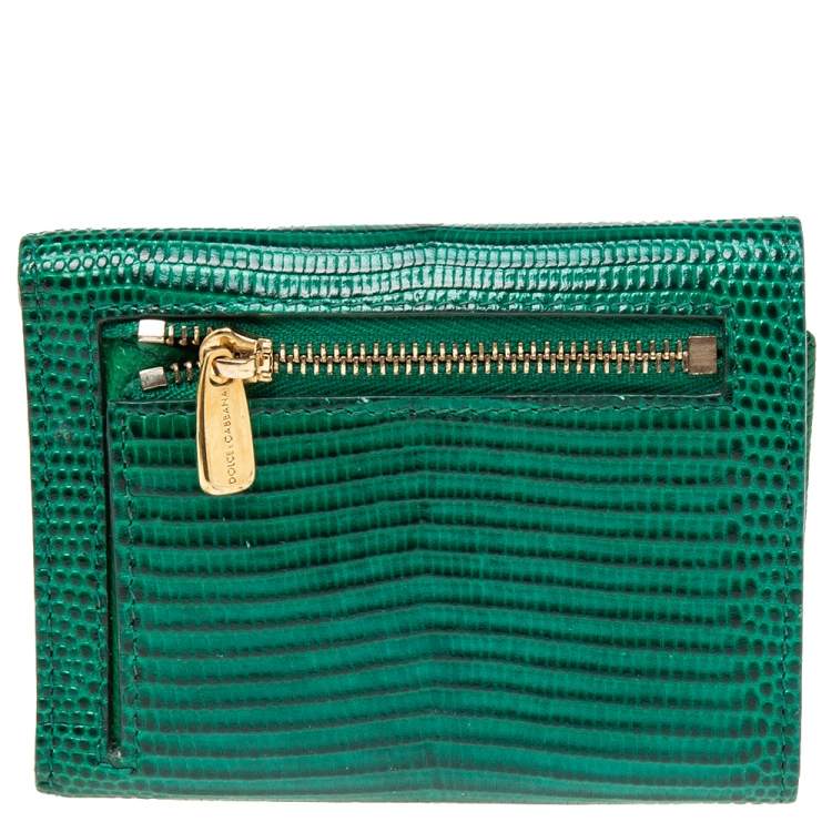 Pre Owned Dolce & Gabbana Green Lizard Embossed Leather Trifold Compact Wallet
