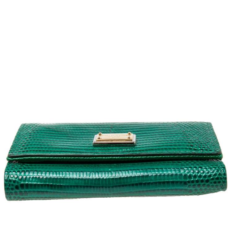 Pre Owned Dolce & Gabbana Green Lizard Embossed Leather Trifold Compact Wallet