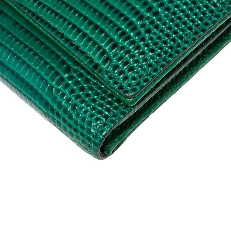 Pre Owned Dolce & Gabbana Green Lizard Embossed Leather Trifold Compact Wallet