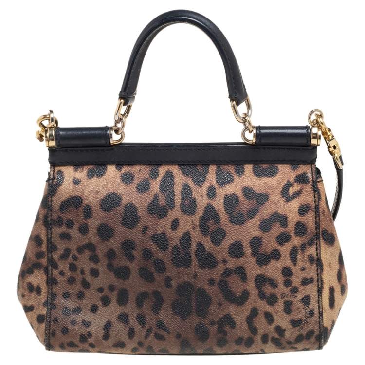 Pre Owned Dolce & Gabbana Black/Brown Leopard Print Coated Canvas And Leather Medium Miss Sicily Top Handle Bag