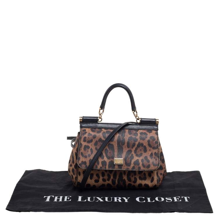 Pre Owned Dolce & Gabbana Black/Brown Leopard Print Coated Canvas And Leather Medium Miss Sicily Top Handle Bag