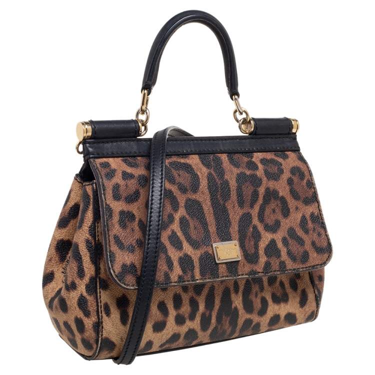 Pre Owned Dolce & Gabbana Black/Brown Leopard Print Coated Canvas And Leather Medium Miss Sicily Top Handle Bag