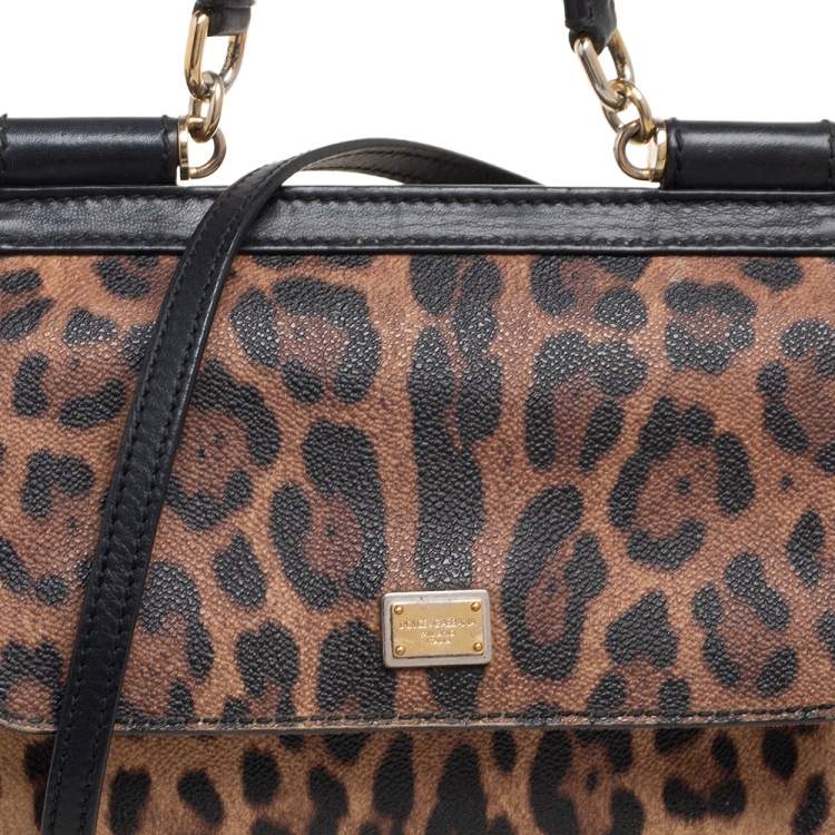 Pre Owned Dolce & Gabbana Black/Brown Leopard Print Coated Canvas And Leather Medium Miss Sicily Top Handle Bag