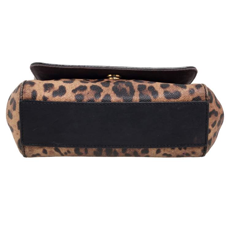 Pre Owned Dolce & Gabbana Black/Brown Leopard Print Coated Canvas And Leather Medium Miss Sicily Top Handle Bag