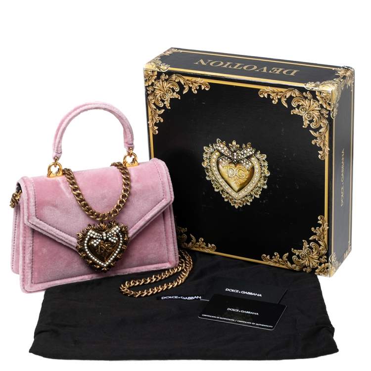 Pre Owned Dolce & Gabbana Pink Velvet Small Devotion Top Handle Bag