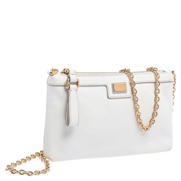 Pre Owned Dolce & Gabbana White Leather Chain Pouch