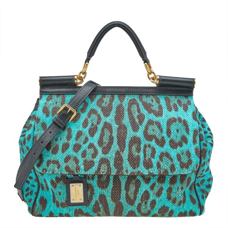 Pre Owned Dolce & Gabbana Blue/Brown Leopard Print Raffia Large Miss Sicily Top Handle Bag