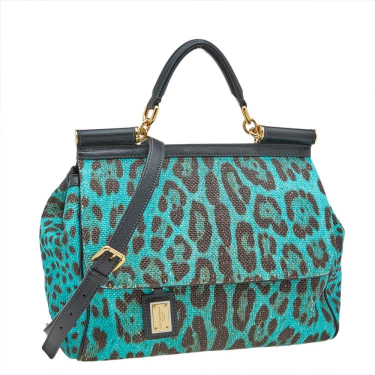Pre Owned Dolce & Gabbana Blue/Brown Leopard Print Raffia Large Miss Sicily Top Handle Bag