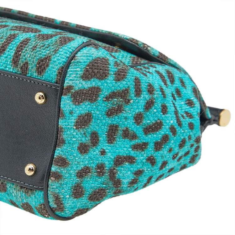 Pre Owned Dolce & Gabbana Blue/Brown Leopard Print Raffia Large Miss Sicily Top Handle Bag