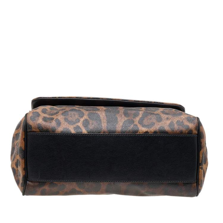 Pre Owned Dolce & Gabbana Black/Brown Leopard Print Coated Canvas Large Miss Sicily Top Handle Bag