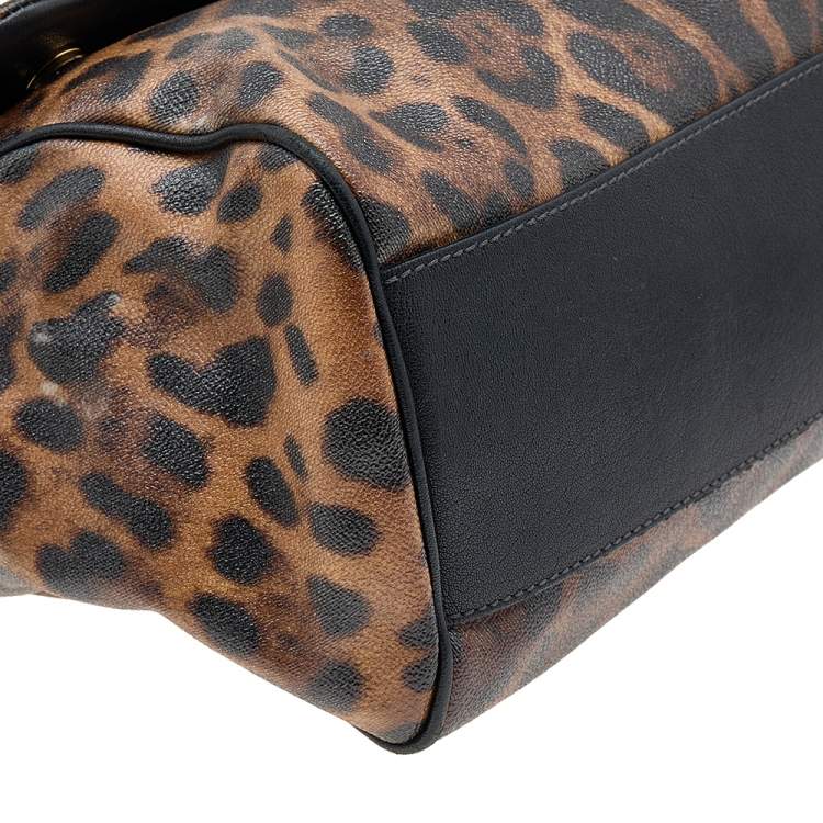 Pre Owned Dolce & Gabbana Black/Brown Leopard Print Coated Canvas Large Miss Sicily Top Handle Bag