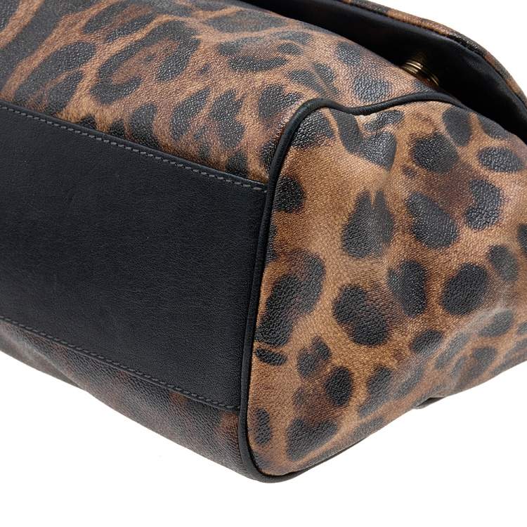 Pre Owned Dolce & Gabbana Black/Brown Leopard Print Coated Canvas Large Miss Sicily Top Handle Bag