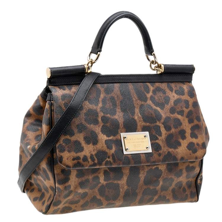 Pre Owned Dolce & Gabbana Black/Brown Leopard Print Coated Canvas Large Miss Sicily Top Handle Bag
