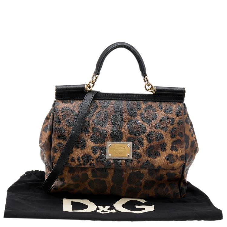 Pre Owned Dolce & Gabbana Black/Brown Leopard Print Coated Canvas Large Miss Sicily Top Handle Bag
