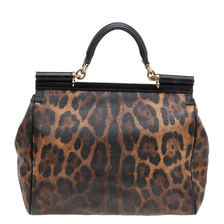 Pre Owned Dolce & Gabbana Black/Brown Leopard Print Coated Canvas Large Miss Sicily Top Handle Bag