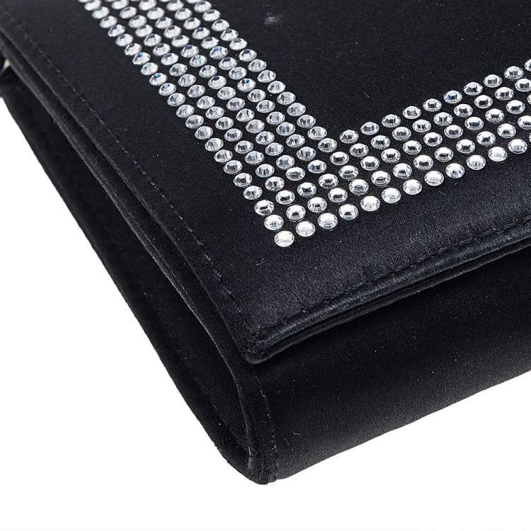 Pre Owned Dolce & Gabbana Black Satin Crystal Embellished Flap Chain Clutch