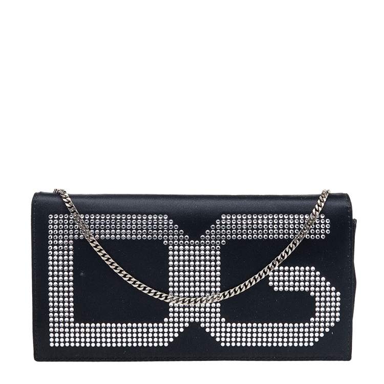 Pre Owned Dolce & Gabbana Black Satin Crystal Embellished Flap Chain Clutch
