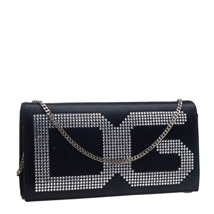 Pre Owned Dolce & Gabbana Black Satin Crystal Embellished Flap Chain Clutch