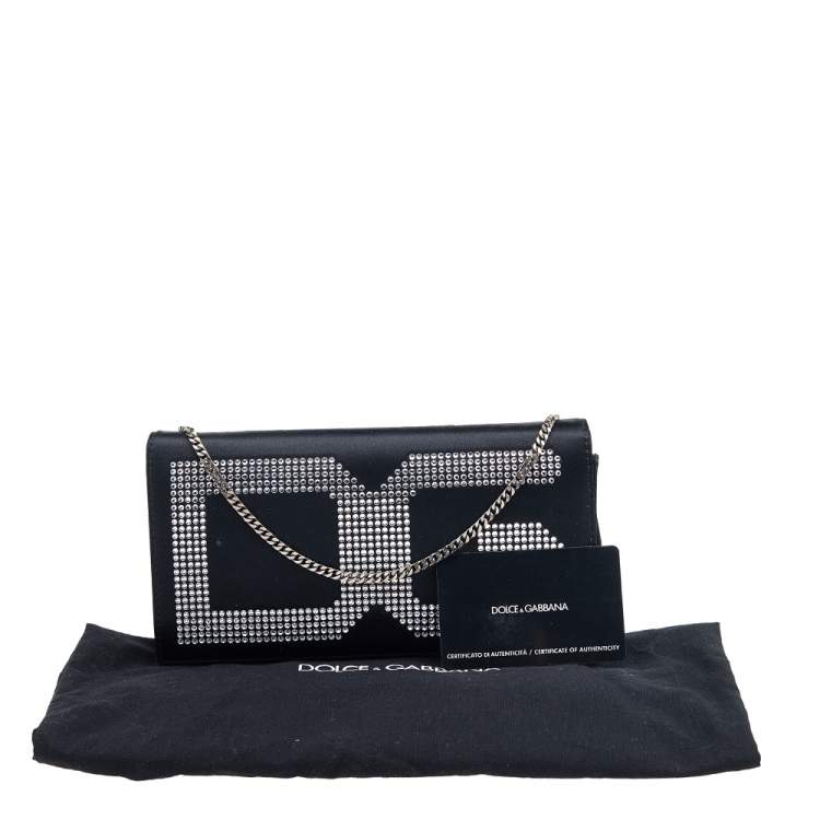 Pre Owned Dolce & Gabbana Black Satin Crystal Embellished Flap Chain Clutch