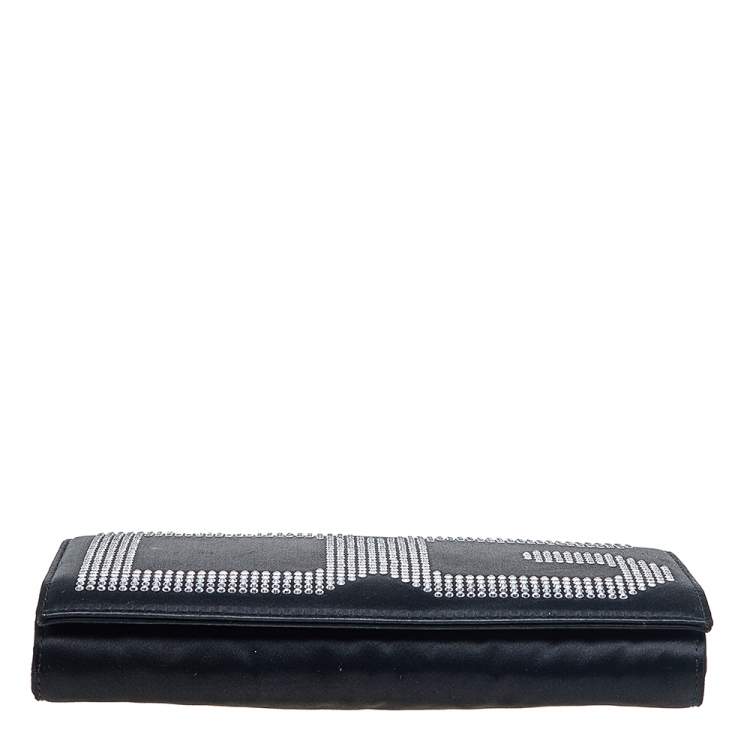 Pre Owned Dolce & Gabbana Black Satin Crystal Embellished Flap Chain Clutch