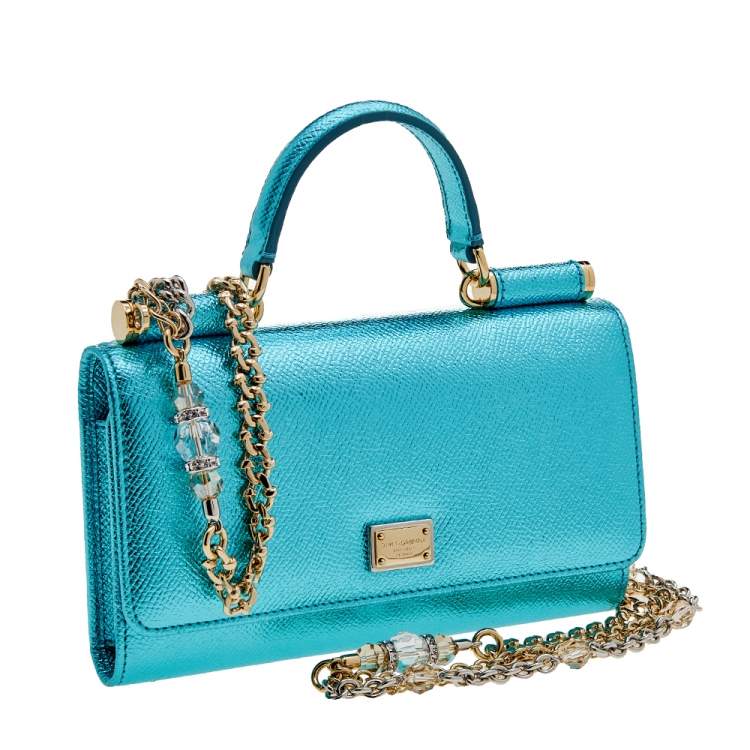 Pre Owned Dolce & Gabbana Metallic Turquoise Leather Miss Sicily Von Wallet on Chain
